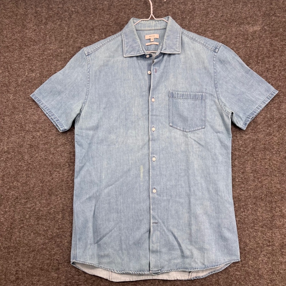 Reiss Mens Slim Fit Light Wash Denim Short Sleeve‎ Button Down Shirt Size M